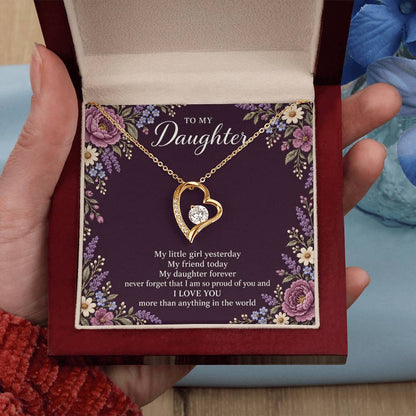 Gift for Daughter Forever Love necklace with Plum Embroidered Meadow message card in Yellow Gold Finish – luxury box held in hand | Hensley London