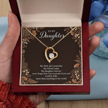 Gift for Daughter Forever Love necklace with Espresso Poet Letter message card in Yellow Gold Finish – luxury box held in hand | Hensley London
