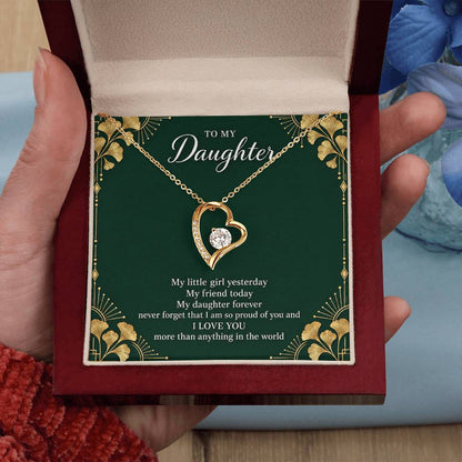 Gift for Daughter Forever Love necklace with Emerald Neo Deco message card in Yellow Gold Finish – luxury box held in hand | Hensley London