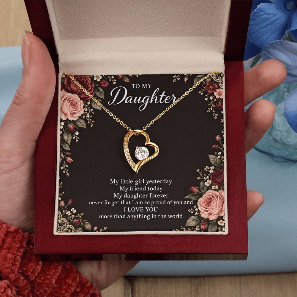 Gift for Daughter Forever Love necklace with Midnight Rose Lace message card in Yellow Gold Finish – luxury box held in hand | Hensley London