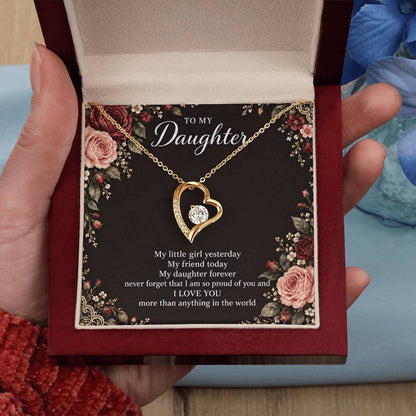 Gift for Daughter Forever Love necklace with Midnight Rose Lace message card in Yellow Gold Finish – luxury box held in hand | Hensley London
