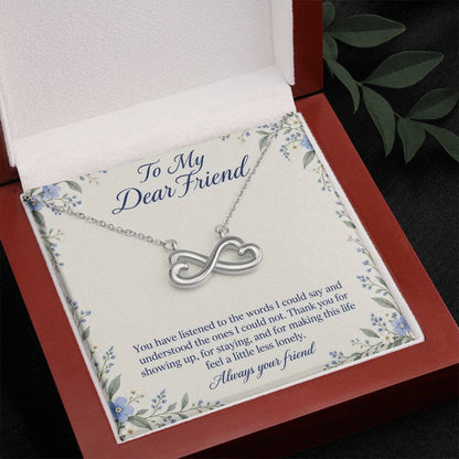 White-gold Endless Love infinity necklace and Friend message card in open luxury box | Hensley London