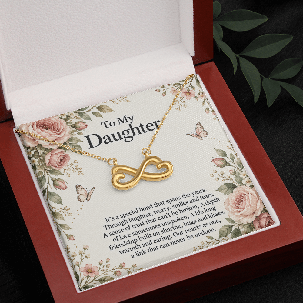 Gift for Daughter Endless Love Infinity Heart Necklace in yellow gold finish – luxury box and message card close-up | Hensley London