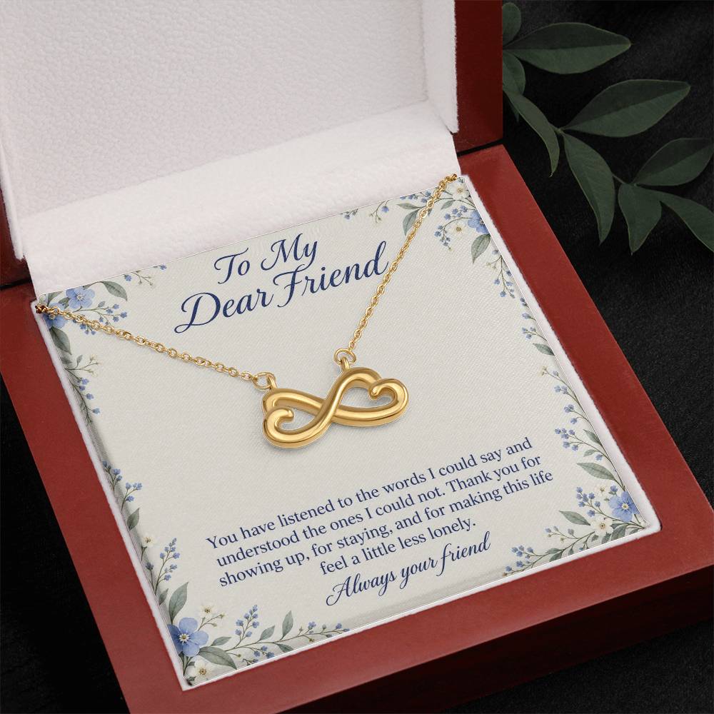 Yellow-gold Endless Love infinity necklace and Friend message card in open luxury box | Hensley London