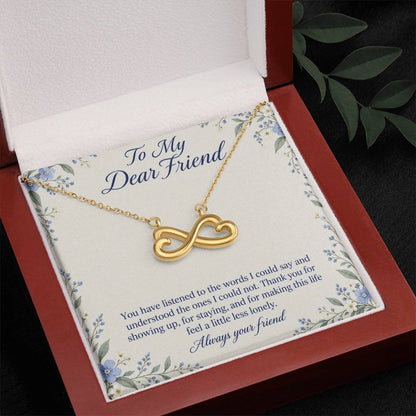 Yellow-gold Endless Love infinity necklace and Friend message card in open luxury box | Hensley London