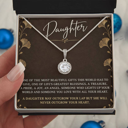 Eternal Hope Necklace with Espresso Ginkgo daughter card – Two Tone Box held in hand | Hensley London