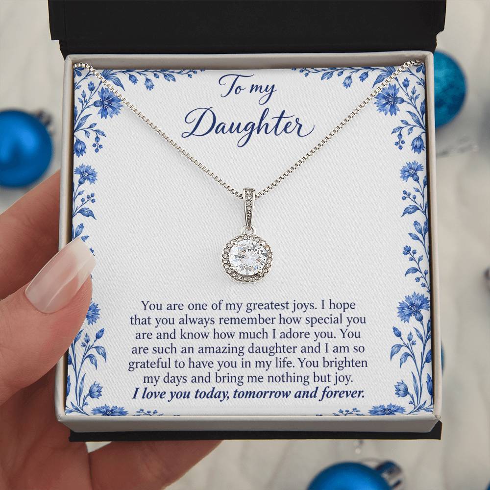 To My Daughter Blue Porcelain message card with Eternal Hope Necklace – close-up | Hensley London