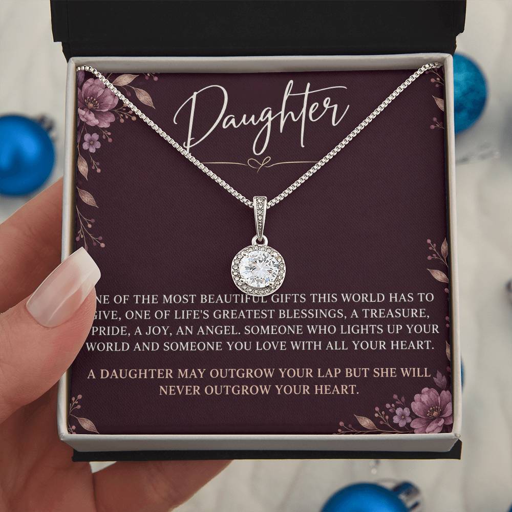 Eternal Hope Necklace with Plum Florals daughter card – Two Tone Box held in hand | Hensley London