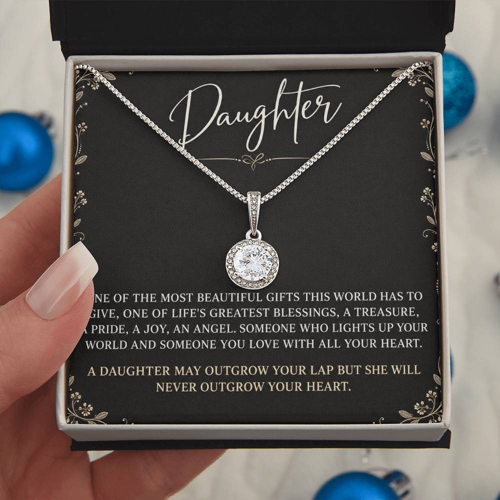 Eternal Hope Necklace with Black Champagne Lace daughter card – Two Tone Box held in hand | Hensley London