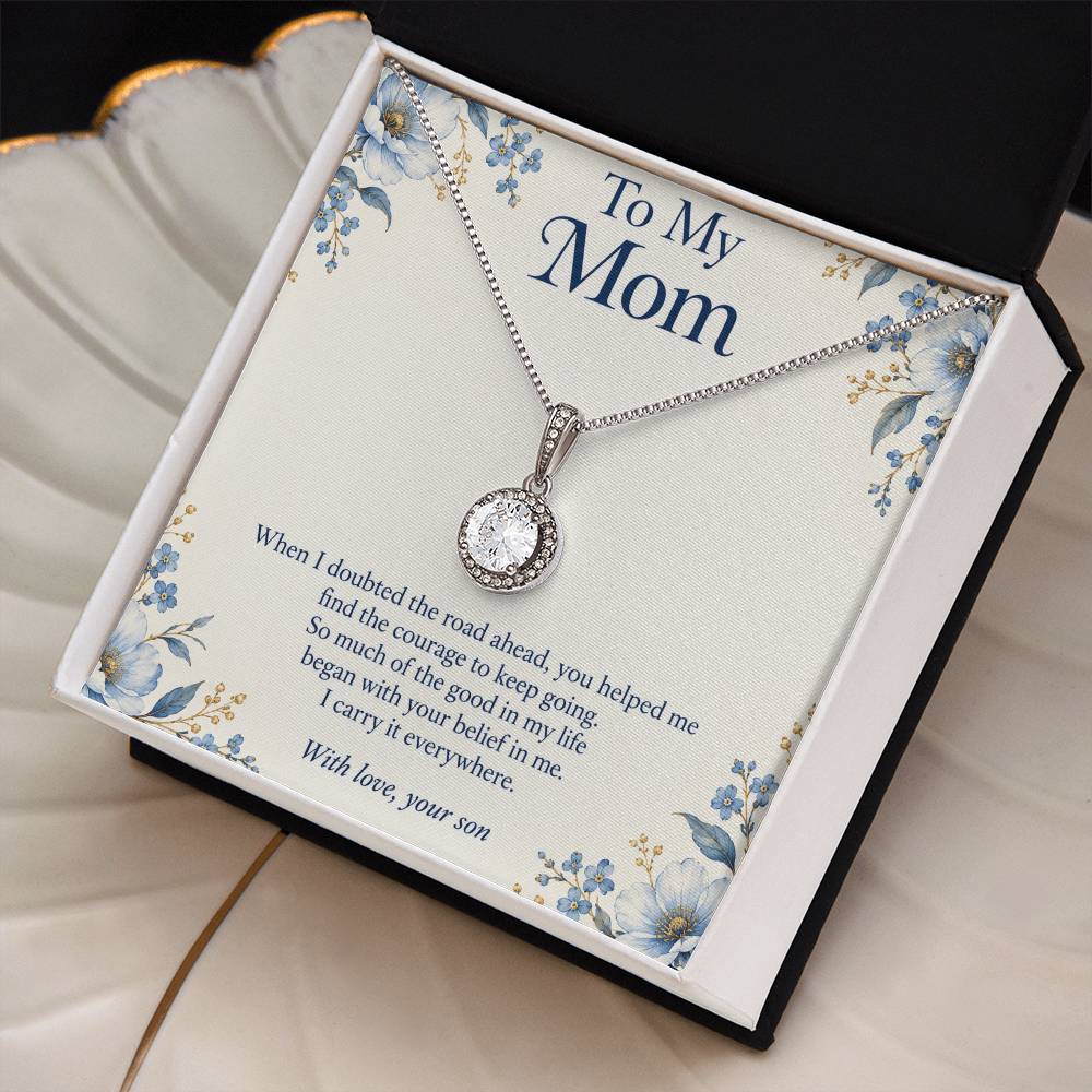 Eternal Hope crystal necklace and blue floral Mom message card in two-tone box on a tray | Hensley London