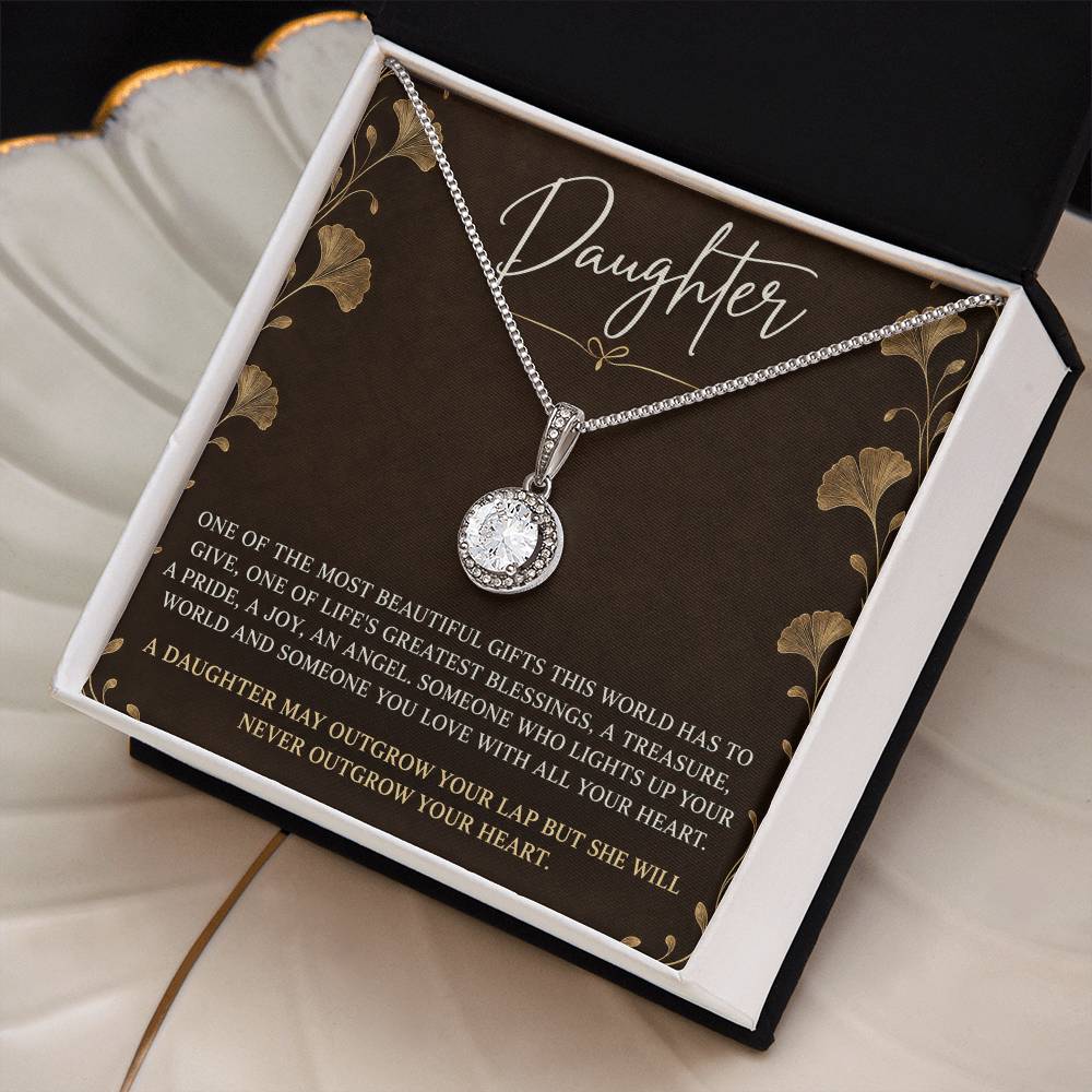 Eternal Hope Necklace with Espresso Ginkgo daughter card – Two Tone Box angled close-up | Hensley London