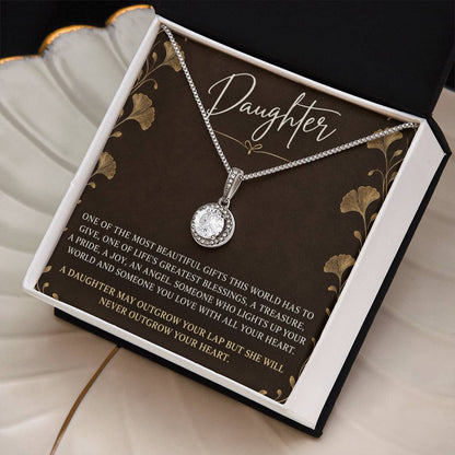 Eternal Hope Necklace with Espresso Ginkgo daughter card – Two Tone Box angled close-up | Hensley London