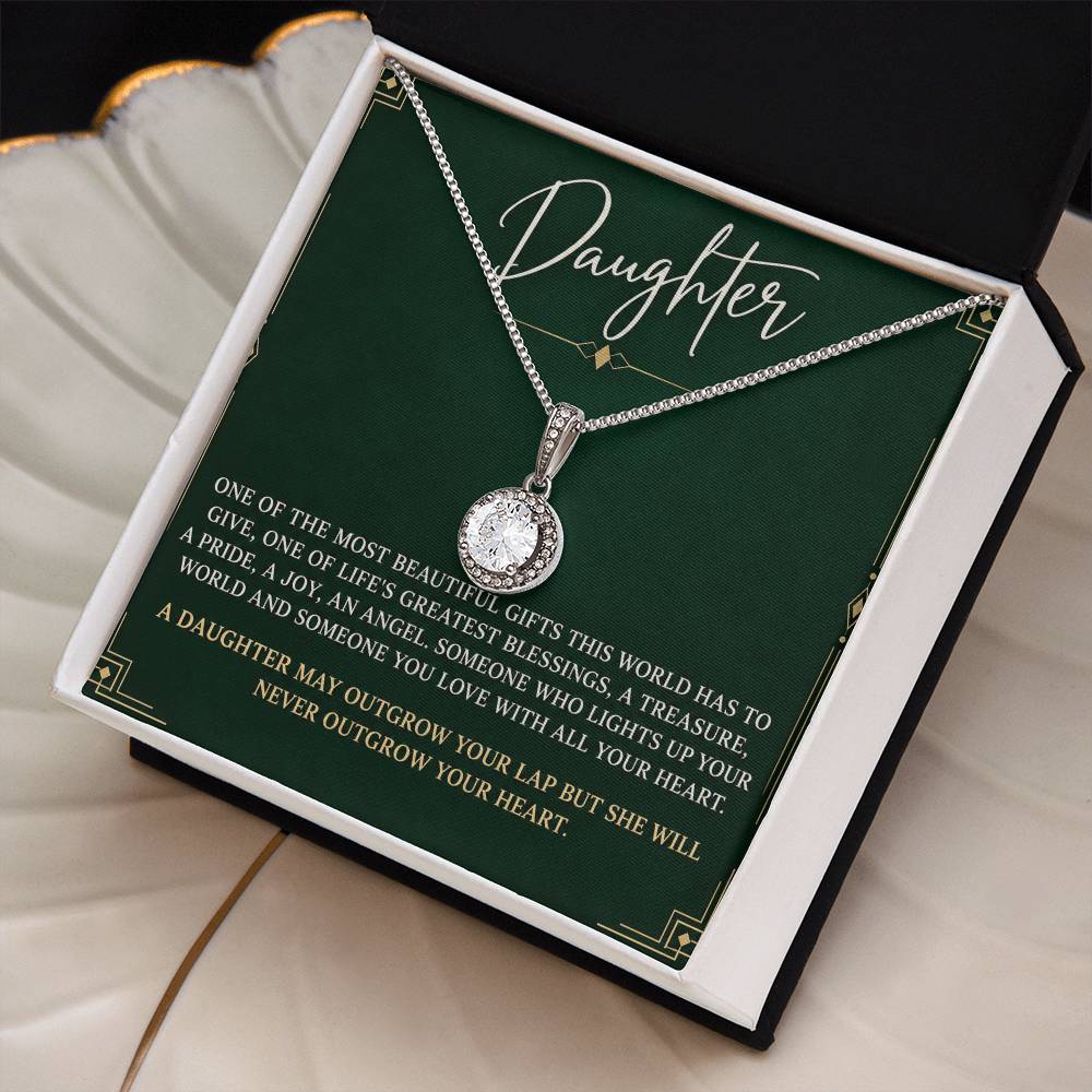 Eternal Hope Necklace with Emerald Art Deco daughter card – Two Tone Box angled close-up | Hensley London