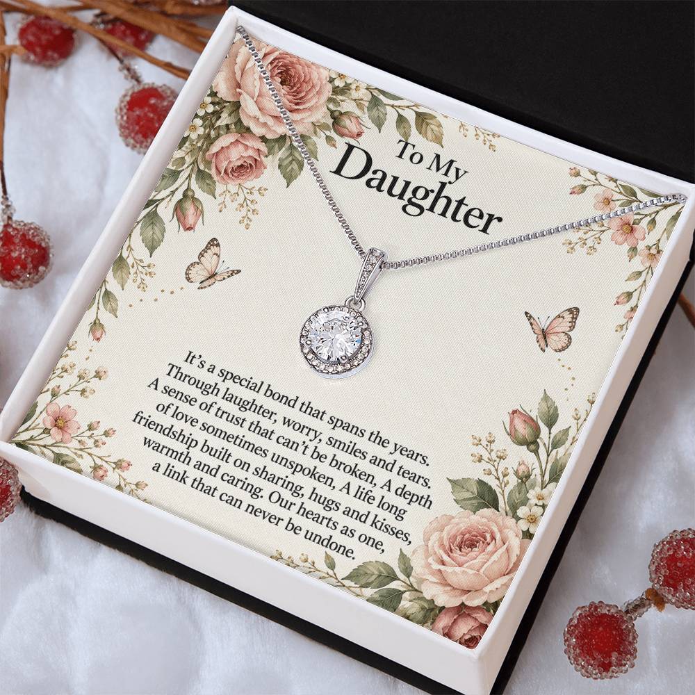 Eternal Hope Necklace with Rose Botanical daughter message card – Two Tone Box angled view | Hensley London