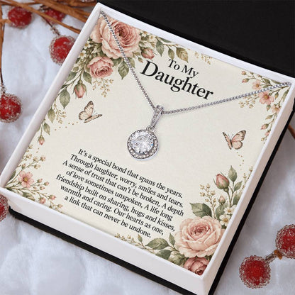 Eternal Hope Necklace with Rose Botanical daughter message card – Two Tone Box angled view | Hensley London