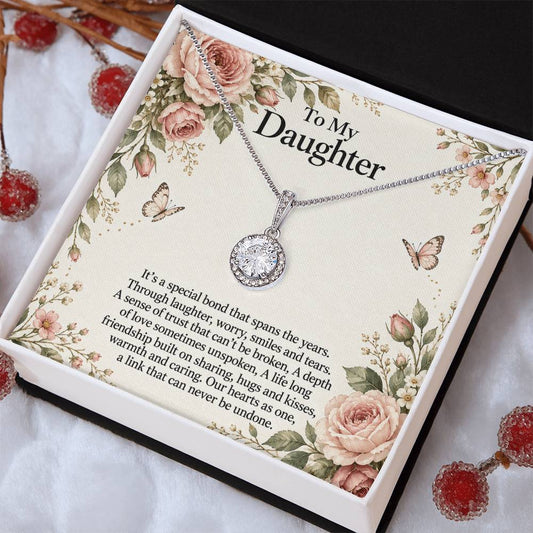 Eternal Hope Necklace with Rose Botanical daughter message card – Two Tone Box angled view | Hensley London