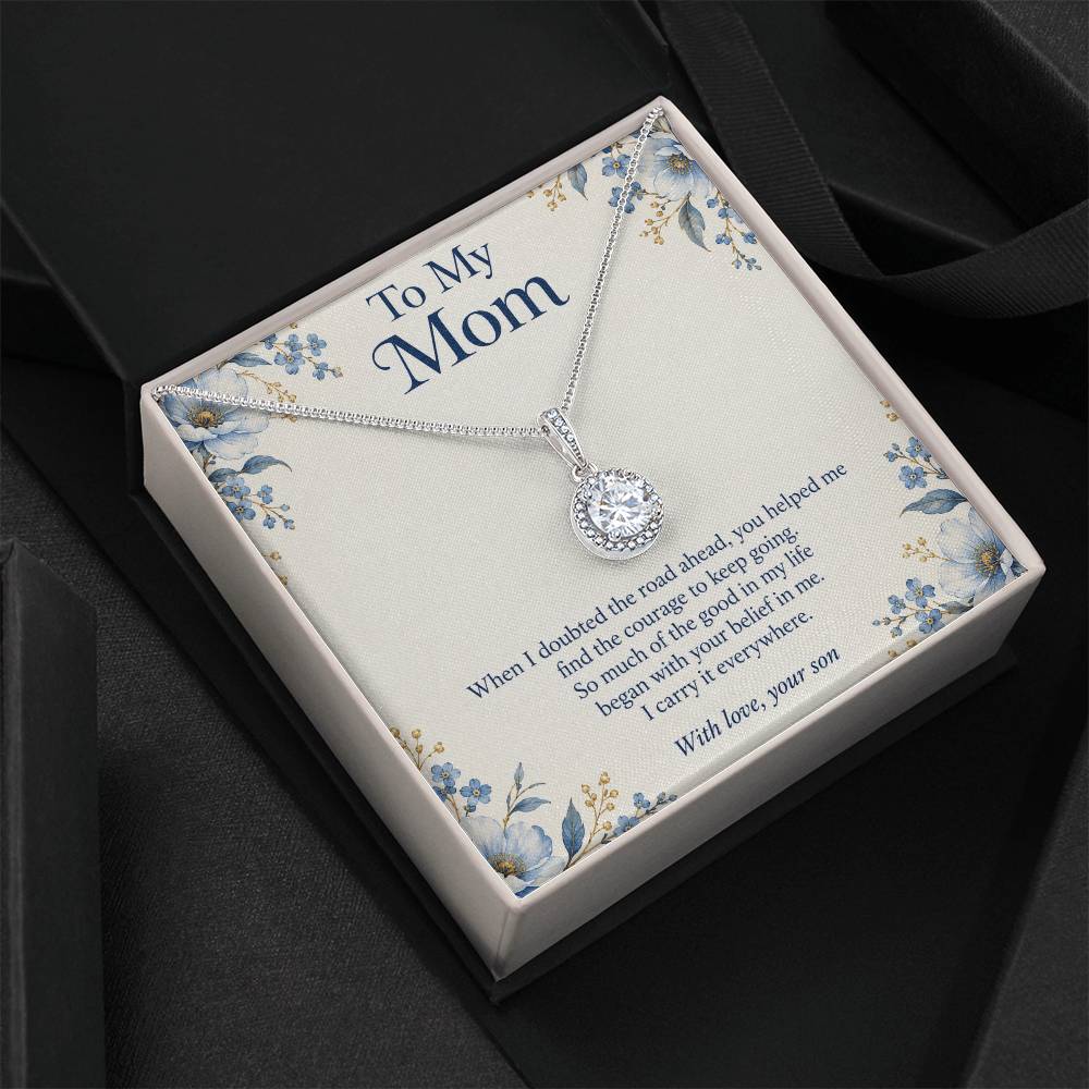 Eternal Hope crystal necklace and Mom message card in two-tone box on dark fabric | Hensley London