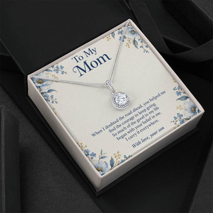 Eternal Hope crystal necklace and Mom message card in two-tone box on dark fabric | Hensley London