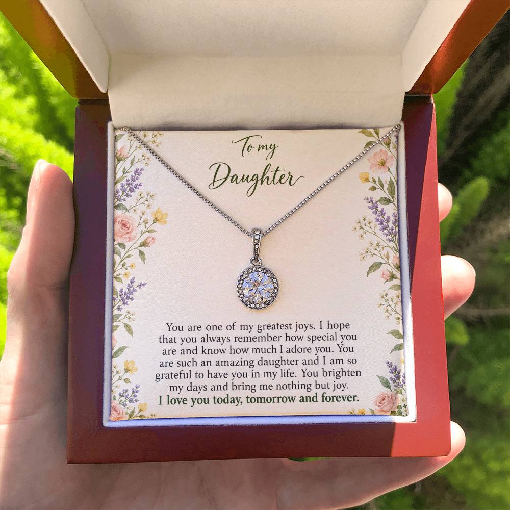 Eternal Hope Necklace with Heirloom Garden daughter message card – Luxury Box held for scale | Hensley London