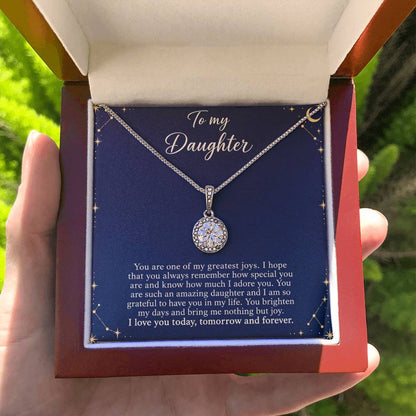 Eternal Hope Necklace with Midnight Celestial daughter message card – Luxury Box held for scale | Hensley London