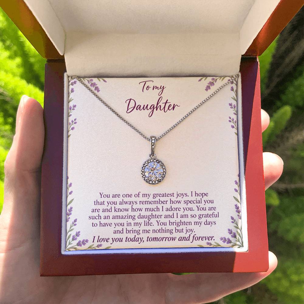 Eternal Hope Necklace with Lavender Meadow daughter message card – Luxury Box held for scale | Hensley London
