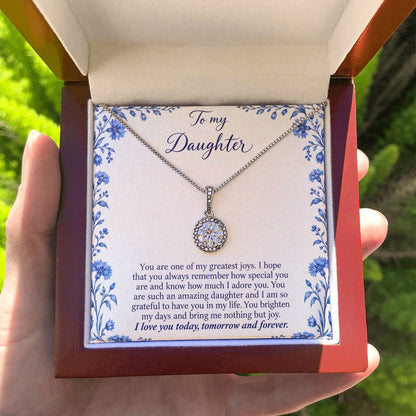 Eternal Hope Necklace with Blue Porcelain daughter message card – Luxury Box held for scale | Hensley London