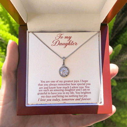 Eternal Hope Necklace with Burgundy Letter daughter message card – Luxury Box held for scale | Hensley London