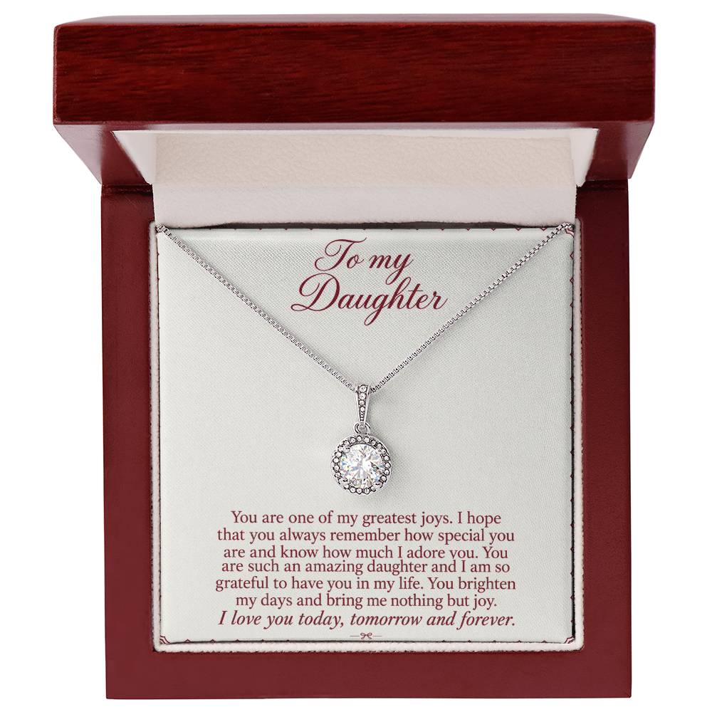 Eternal Hope Necklace with Burgundy Letter daughter message card – Luxury Box front view | Hensley London