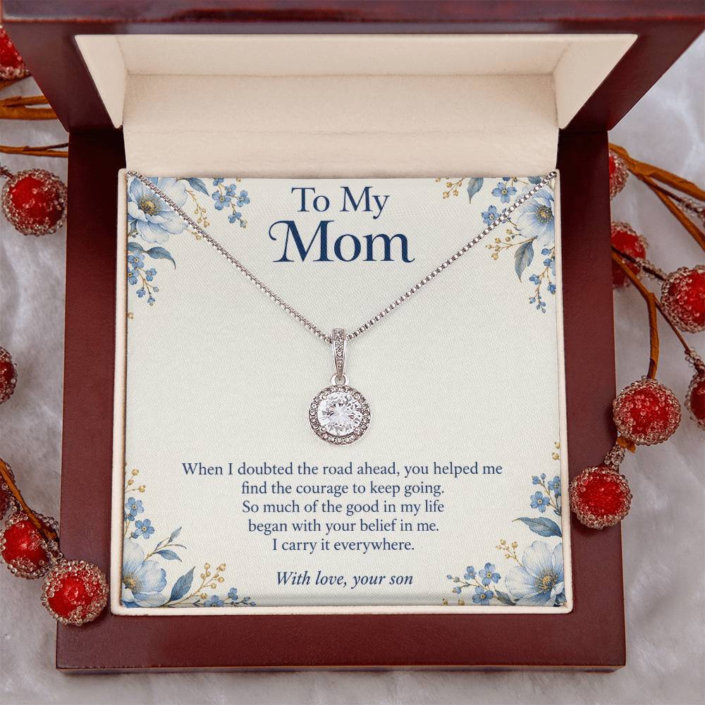 Eternal Hope crystal necklace and Mom message card in open luxury box, straight-on view | Hensley London