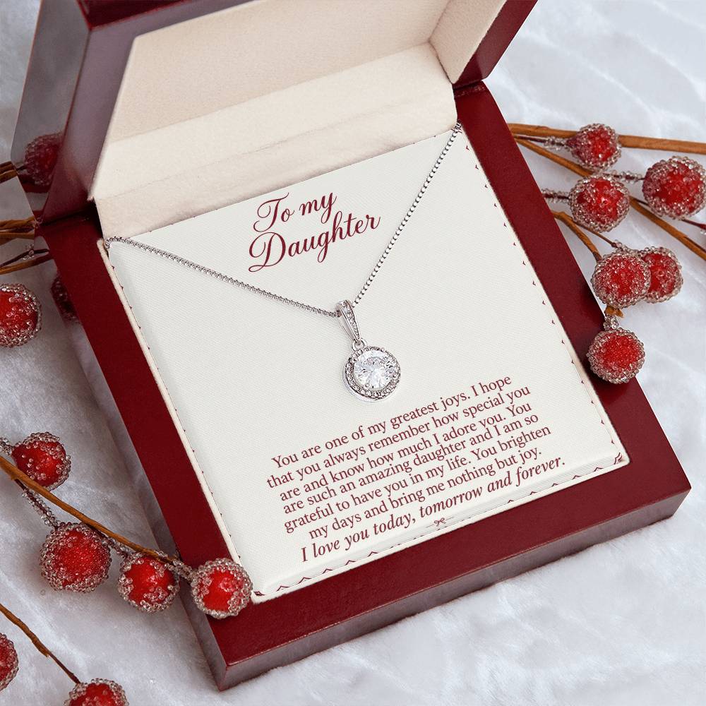Eternal Hope Necklace with Burgundy Letter daughter message card – Luxury Box angled view | Hensley London