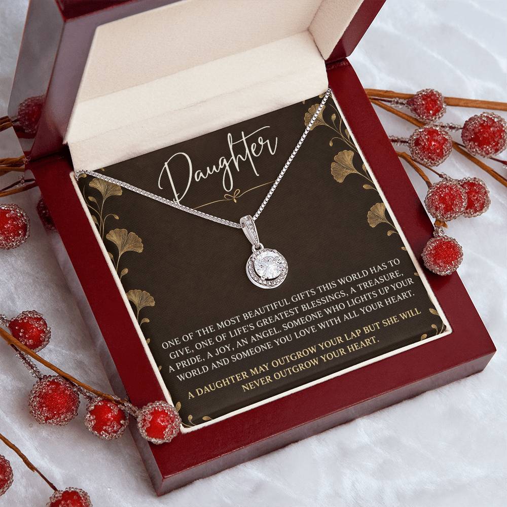 Eternal Hope Necklace with Espresso Ginkgo daughter card – Luxury Box angled presentation | Hensley London
