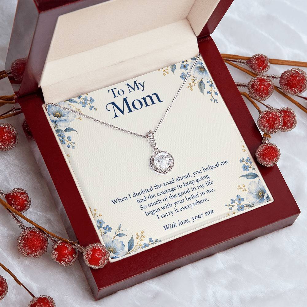 Eternal Hope crystal necklace and Mom message card in open luxury box, angled view | Hensley London