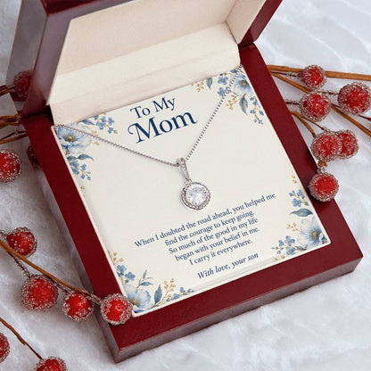 Eternal Hope crystal necklace and Mom message card in open luxury box, angled view | Hensley London