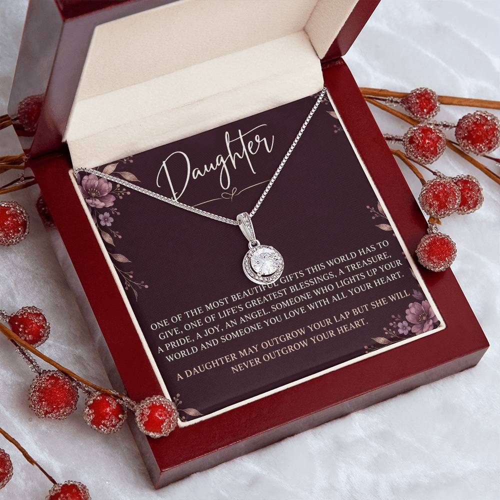 Eternal Hope Necklace with Plum Florals daughter card – Luxury Box angled presentation | Hensley London