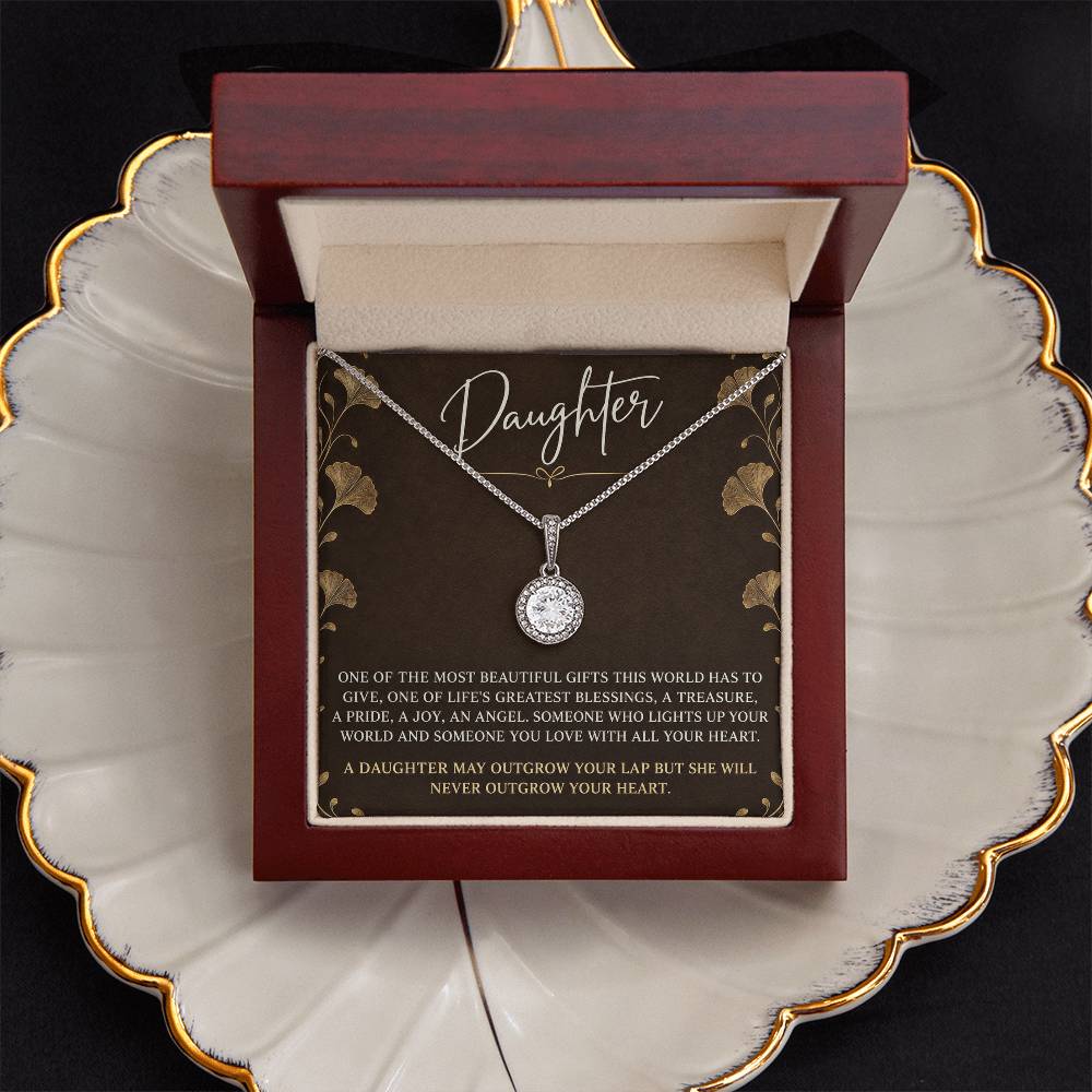 Eternal Hope Necklace with Espresso Ginkgo daughter card – Luxury Box front view | Hensley London