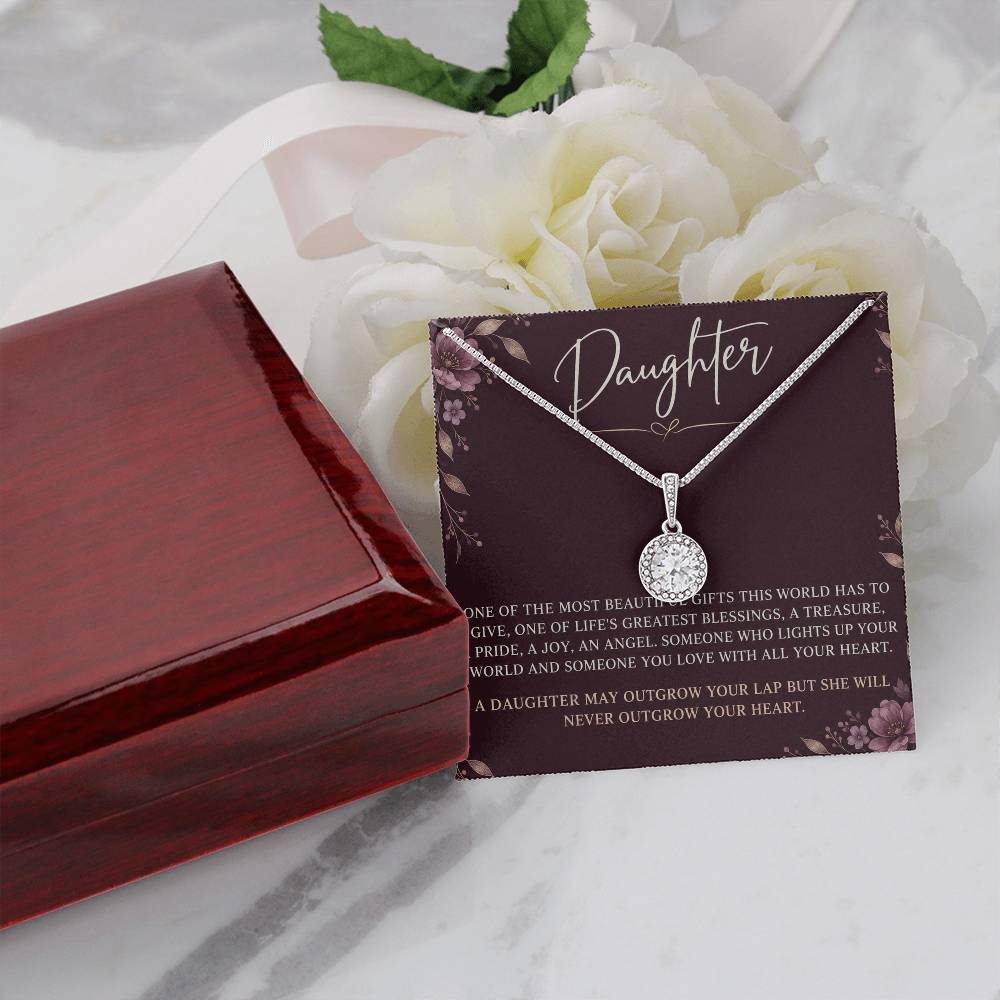 Eternal Hope Necklace with Plum Florals daughter card – message card beside Luxury Box | Hensley London
