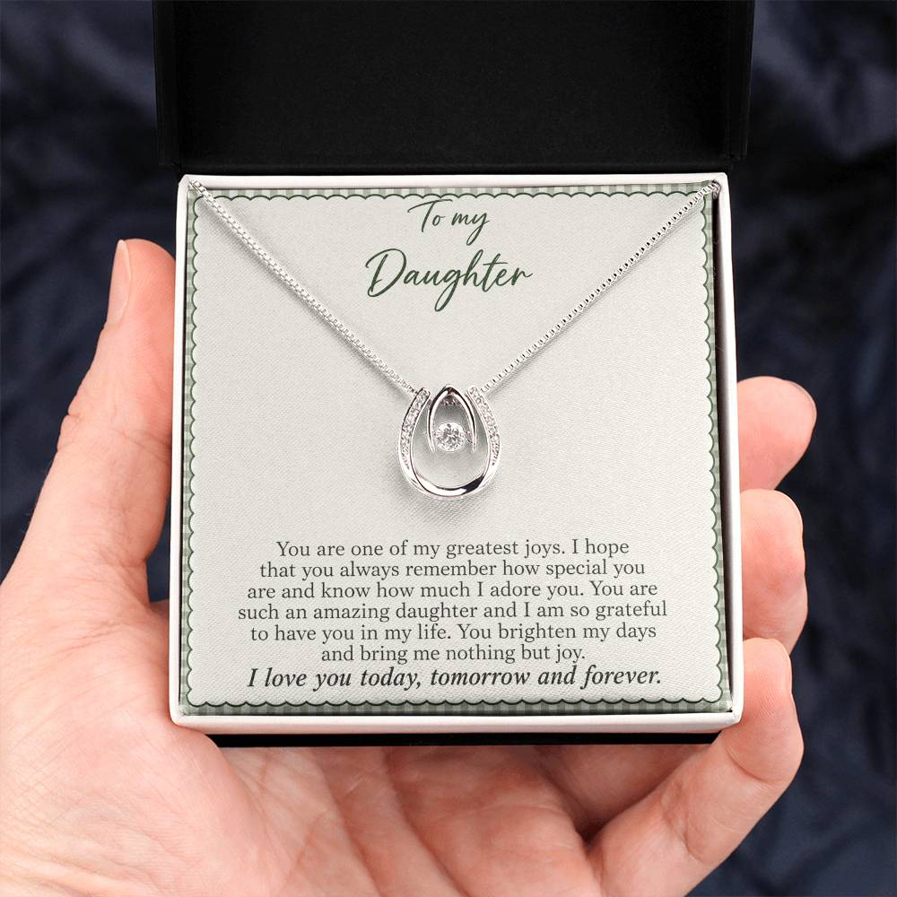 Lucky In Love teardrop necklace in white gold finish – Sage Gingham Two Tone Box held in hand | Hensley London