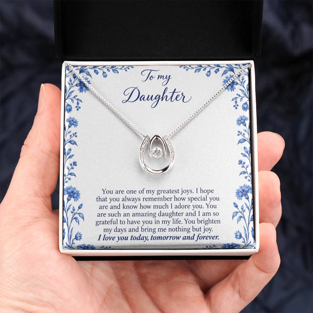 Lucky In Love teardrop necklace in white gold finish – Blue Porcelain Two Tone Box held in hand | Hensley London