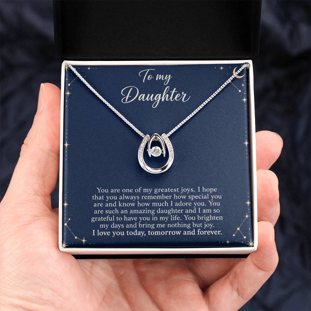 Lucky In Love teardrop necklace in white gold finish – Midnight Celestial Two Tone Box held in hand | Hensley London