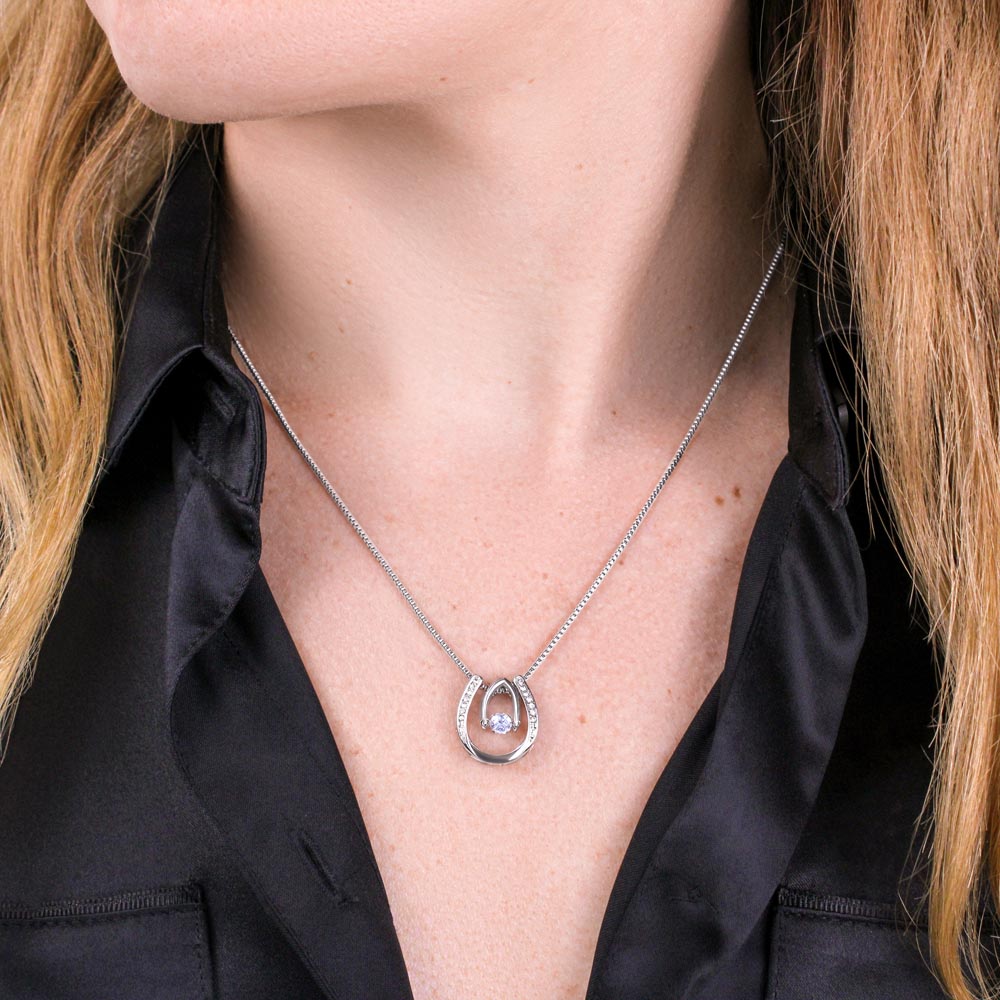 Lucky In Love teardrop necklace in white gold finish – worn on model | Hensley London