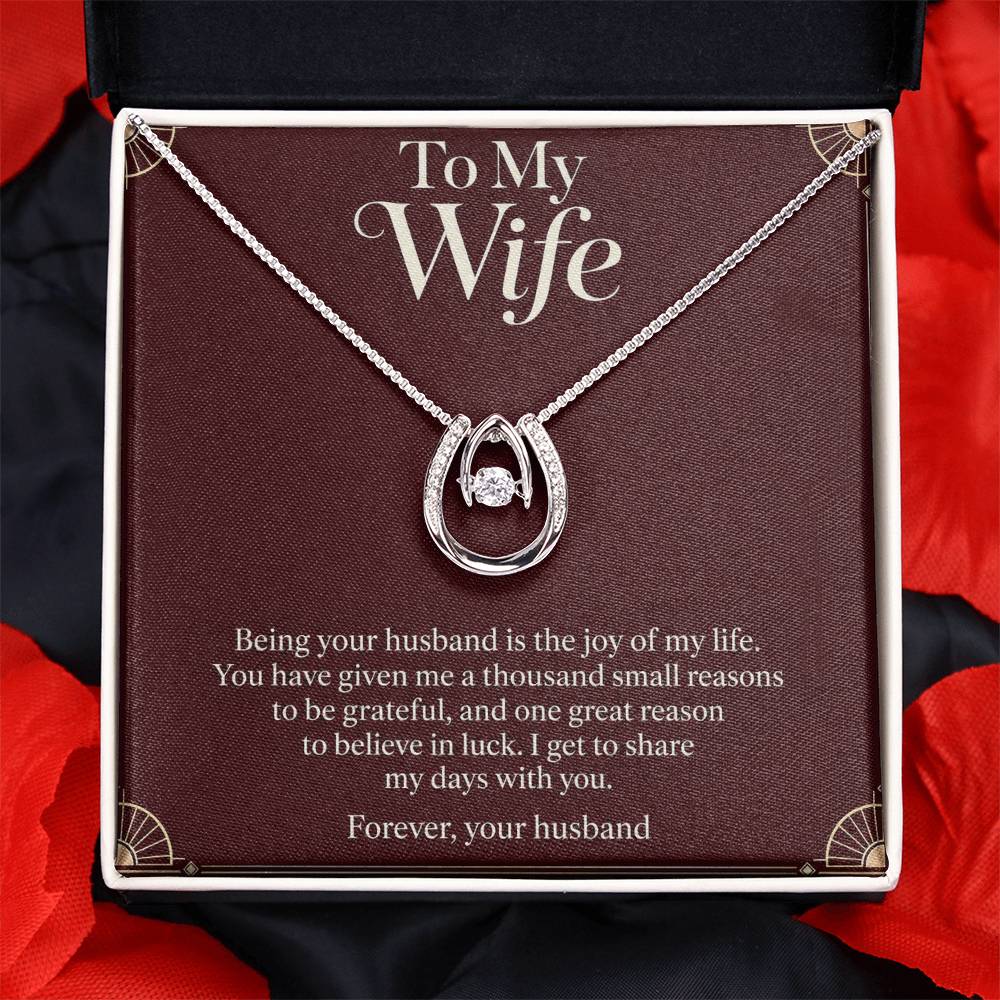Lucky In Love necklace and burgundy Wife message card in standard box, straight-on view | Hensley London
