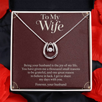 Lucky In Love necklace and burgundy Wife message card in standard box, straight-on view | Hensley London