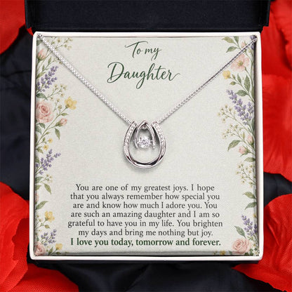 Lucky In Love teardrop necklace in white gold finish – Heirloom Garden message card close-up in Two Tone Box | Hensley London
