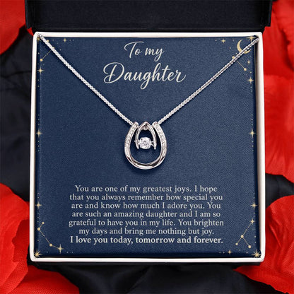 Lucky In Love teardrop necklace in white gold finish – Midnight Celestial message card close-up in Two Tone Box | Hensley London