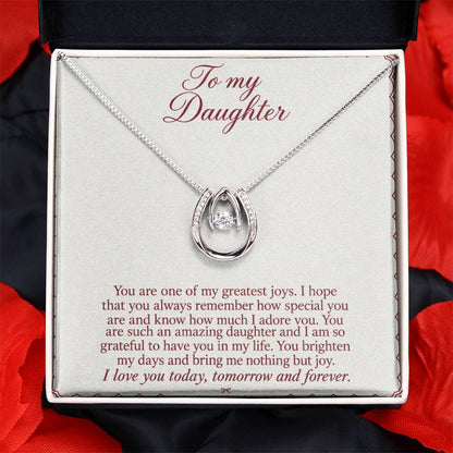 Lucky In Love teardrop necklace in white gold finish – Burgundy Letter message card close-up in Two Tone Box | Hensley London