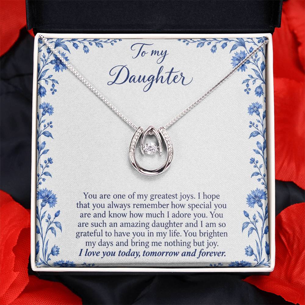 Lucky In Love teardrop necklace in white gold finish – Blue Porcelain message card close-up in Two Tone Box | Hensley London