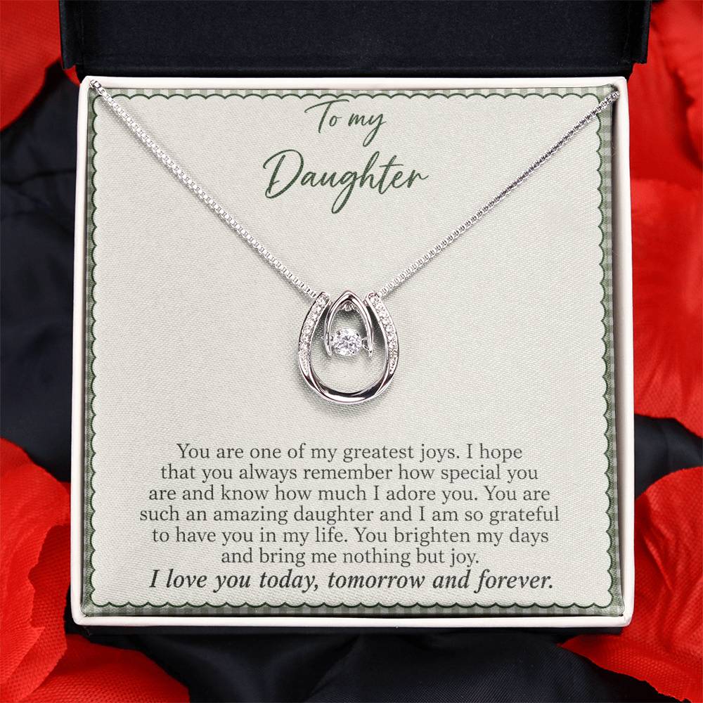 Lucky In Love teardrop necklace in white gold finish – Sage Gingham message card close-up in Two Tone Box | Hensley London
