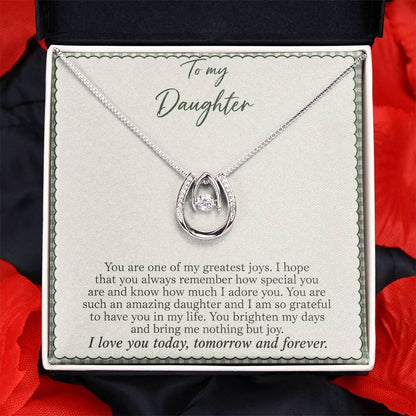 Lucky In Love teardrop necklace in white gold finish – Sage Gingham message card close-up in Two Tone Box | Hensley London