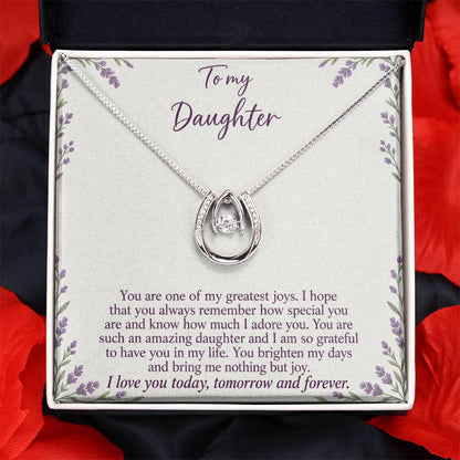Lucky In Love teardrop necklace in white gold finish – Lavender Meadow message card close-up in Two Tone Box | Hensley London