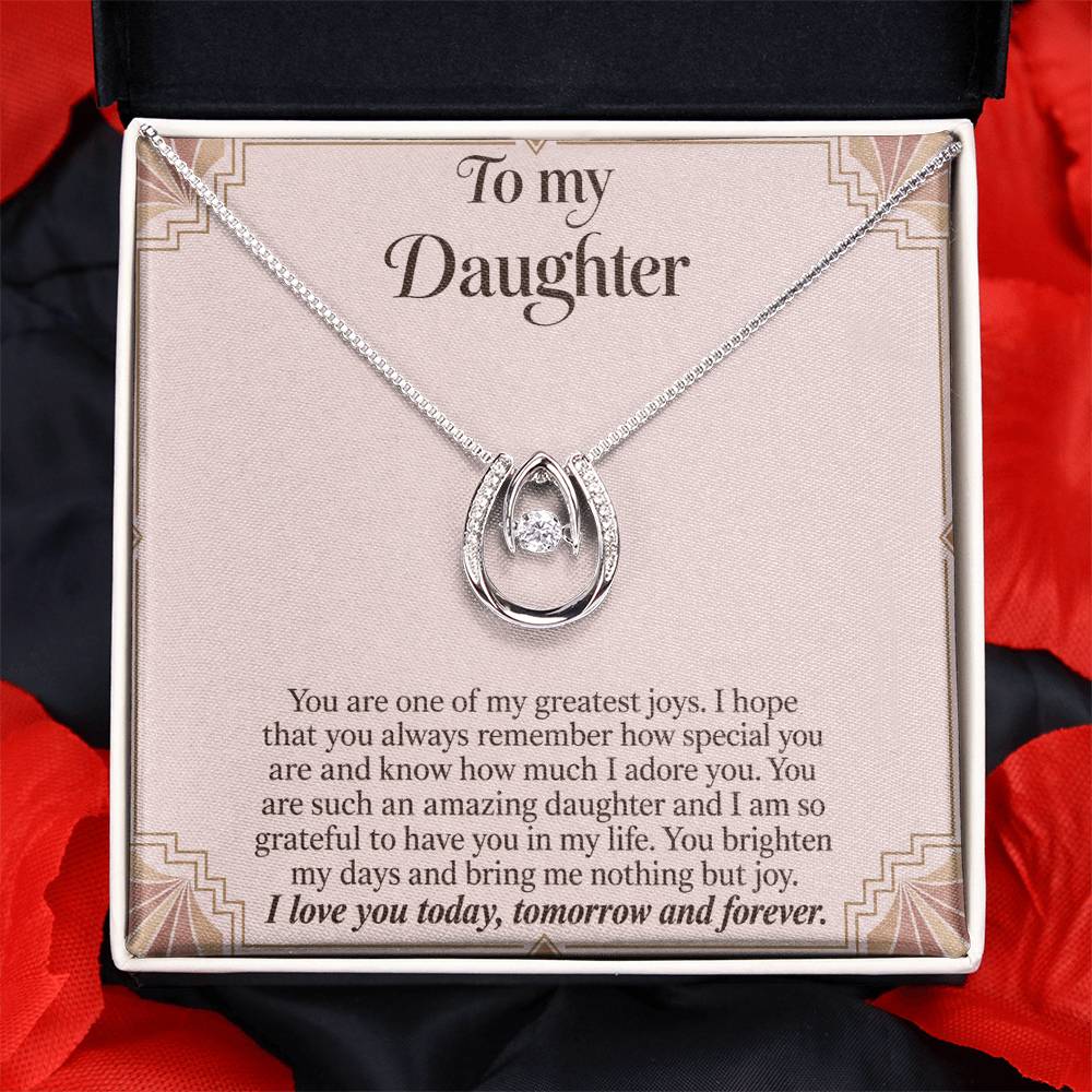 Lucky In Love teardrop necklace in white gold finish – Blush Art Deco message card close-up in Two Tone Box | Hensley London